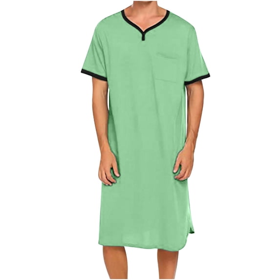 SuTry Men's Solid Color Short Sleeve Nightdress with V Neck Collar Style Tops for Hot Weather Long Length Coverage for Home Wear(Mint Green#1,2XL)