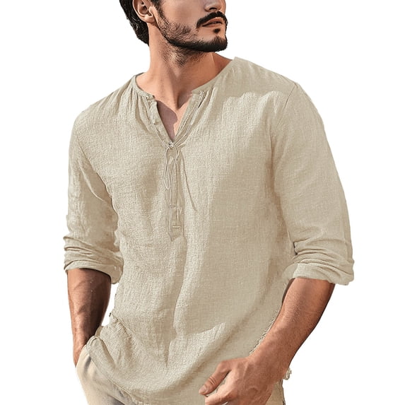 SuTry Men's Solid Color T-Shirts Leisure Long Sleeved Stand-Up Collar Partial Button Placket Tops Comfy Fabric Suitable for Fall Wear(Khaki,M)