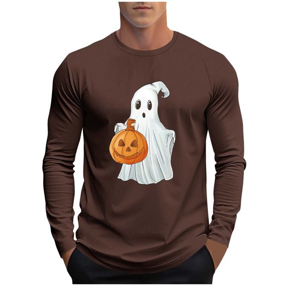 SuTry Men's Themed Tops Long Sleeve Crew Neck Halloween Stylish T-Shirt Graphic Printed Comfy Fabric for Halloween Parties Wearing(Coffee,M)