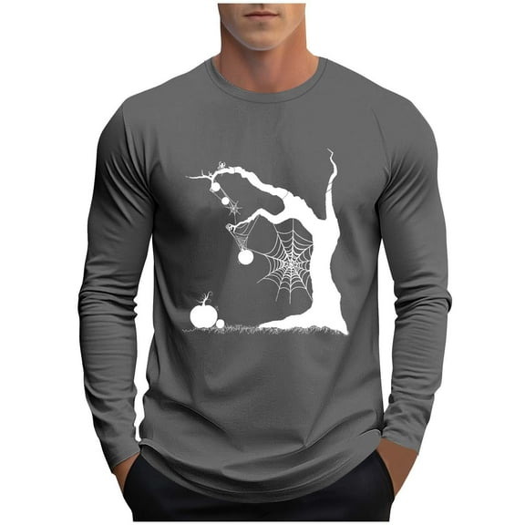 SuTry Men's Themed Tops Long Sleeve Crew Neck Halloween Stylish T-Shirt Graphic Printed Comfy Fabric for Halloween Parties Wearing(Dark Gray#2,2XL)