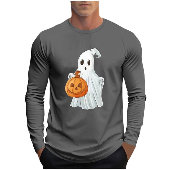 SuTry Men's Themed Tops Long Sleeve Crew Neck Halloween Stylish T-Shirt Graphic Printed Comfy Fabric for Halloween Parties Wearing(Dark Gray,L)