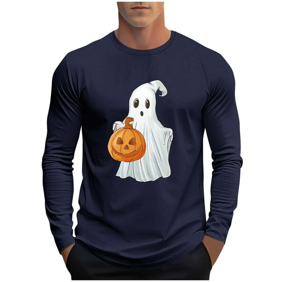 SuTry Men's Themed Tops Long Sleeve Crew Neck Halloween Stylish T-Shirt Graphic Printed Comfy Fabric for Halloween Parties Wearing(Navy,2XL)