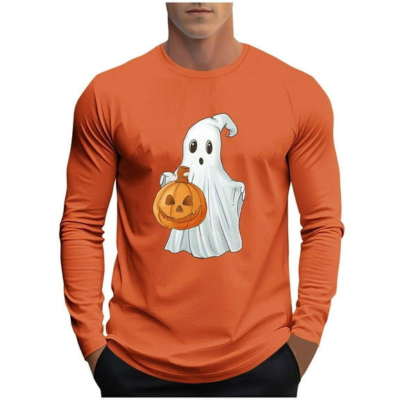 SuTry Men's Themed Tops Long Sleeve Crew Neck Halloween Stylish T-Shirt Graphic Printed Comfy Fabric for Halloween Parties Wearing(Orange,M)