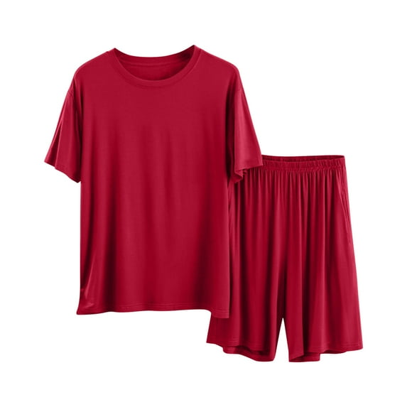 SuTry Men's Thin Solid Color Two Piece Pajama Sets Loose Short Sleeved and Shorts Home Suit Breathable Material for Summer Daily Wear(Red#3,2XL)