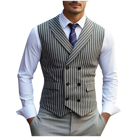 SuTry Men's Thin Workwear Waistcoats Stripe Pattern Stand Collar Sleeveless Tanks Suitable for Work Office Wearing Pair with Suit(Dark Gray,L)