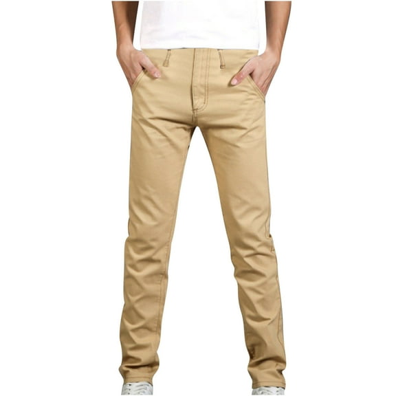 SuTry Men's Trendy Casual Solid Color Pants with Zipper Pockets Elastic Waist Full Length Comfy Fabric Adjustment Elastic Waist Trousers(Khaki#1,L)