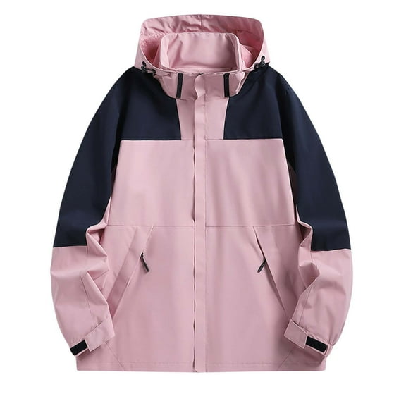 SuTry Men's Trendy Jackets Detachable Hat Windproof Waterproof Zipper Pockets Drawstring Hooded Outdoor Coats Suitable for Outdoor (Pink,L)