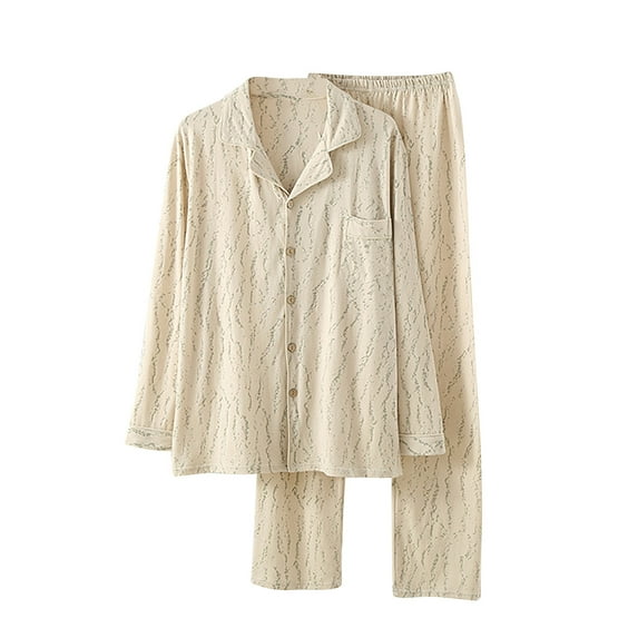 SuTry Men's Trendy Solid Color Two Piece Sleepwear Pajama Sets Turndown Collar Long Sleeve Tops and Elastic Waist Trousers Fall Wearing(Khaki#3,L)