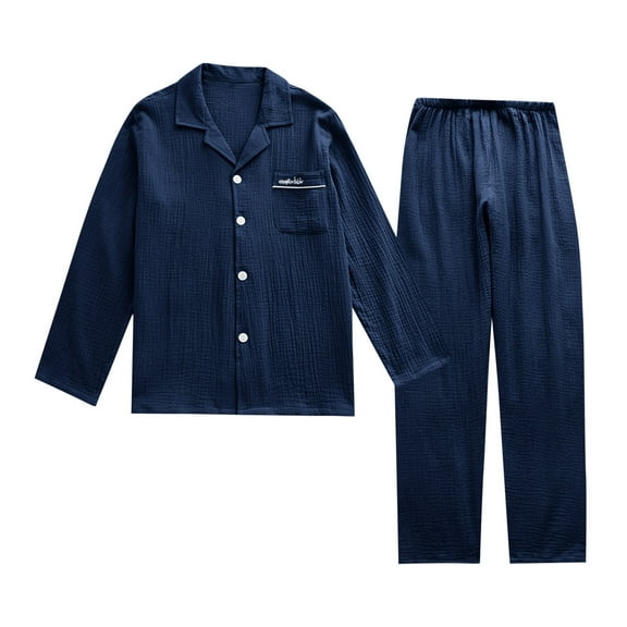 SuTry Men's Trendy Solid Color Two Piece Sleepwear Pajama Sets Turndown Collar Long Sleeve Tops and Elastic Waist Trousers Fall Wearing(Navy#2,XL)