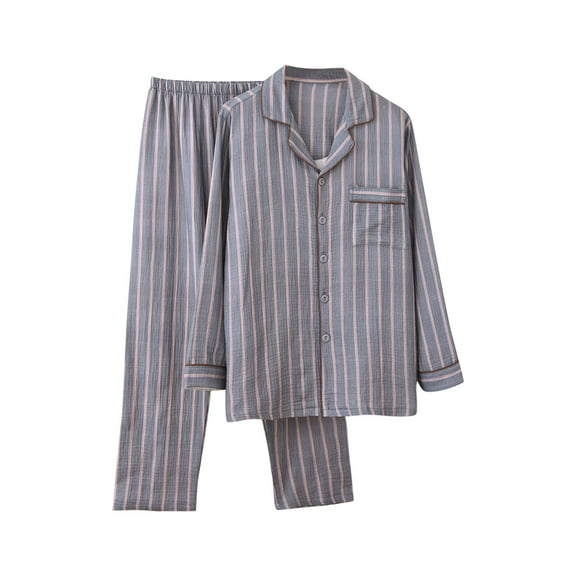 SuTry Men's Two-Piece Set Loungewear Striped Contrast-Color Label Collar Long Sleeved Shirt Long Straight Trousers Loose Home Clothes(Gray,M)