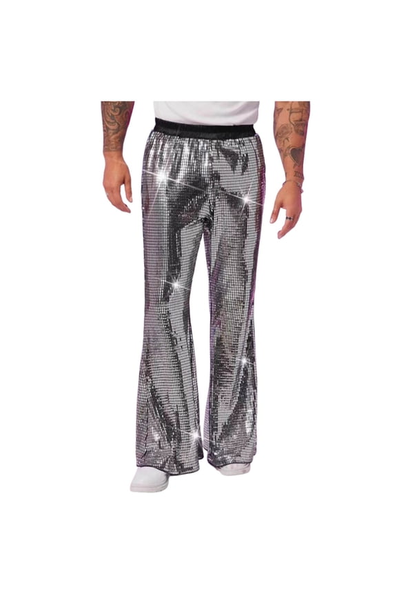 Mens Glitter Sequin Long Loose Pants Bling Party Clubwear Elastic Casual Pants Elastic Waist Flare Pants(Silver,Silver)