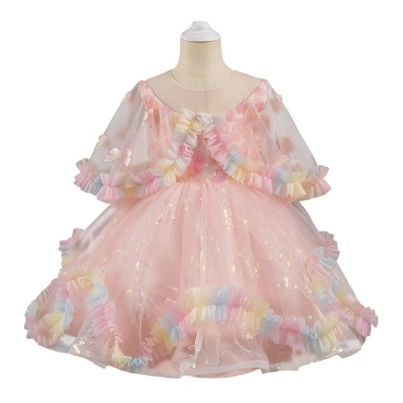 SuTry Middle Large Children's Sequined Mesh Softness Fabric Solid Color Princess Dress Sequins Catch Light Fits Special Events(Pink#3,3 Years)