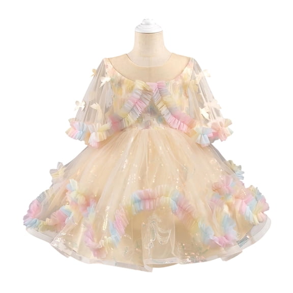 SuTry Middle Large Children's Sequined Mesh Softness Fabric Solid Color Princess Dress Sequins Catch Light Fits Special Events(Yellow#3,9 Years)