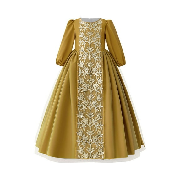 SuTry Muslim Style Girls' Princess Embroidered Long Sleeved V-Neck Dress for Banquet Evening Performance Exquisite Dress(Yellow,4 Years)