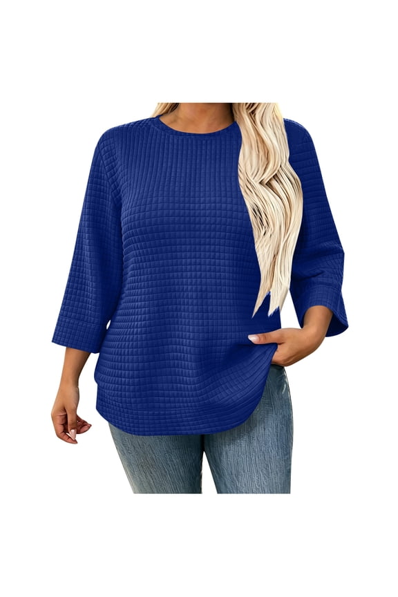 Plus Size Women's Sweatshirt Crew Neck 3/4 Sleeve Quilted Pullover with Curved Hem for Casual Fall Days and Cozy Lounging