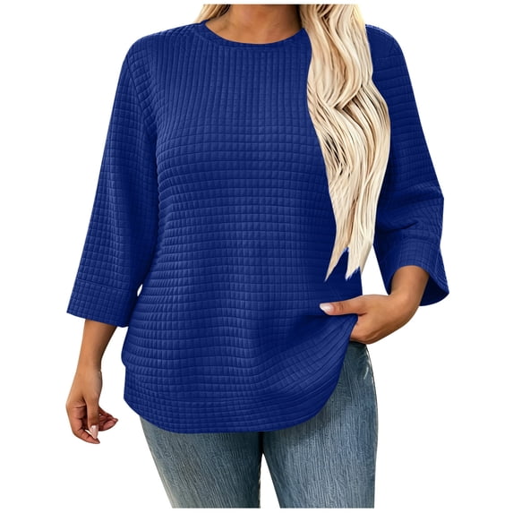 SuTry Plus Size Women's Sweatshirt Crew Neck 3/4 Sleeve Quilted Pullover with Curved Hem for Casual Fall Days and Cozy Lounging