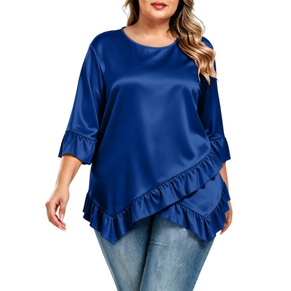 SuTry Plus Size Womens Crew Neck Tunic Blouse Three Quarter Ruffle Cuff Asymmetric Double Ruffle Hem Loose Flowy Casual Daily Wear Top