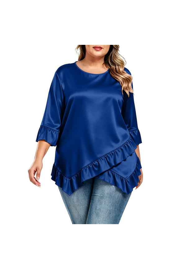 Plus Size Womens Crew Neck Tunic Blouse Three Quarter Ruffle Cuff Asymmetric Double Ruffle Hem Loose Flowy Casual Daily Wear Top