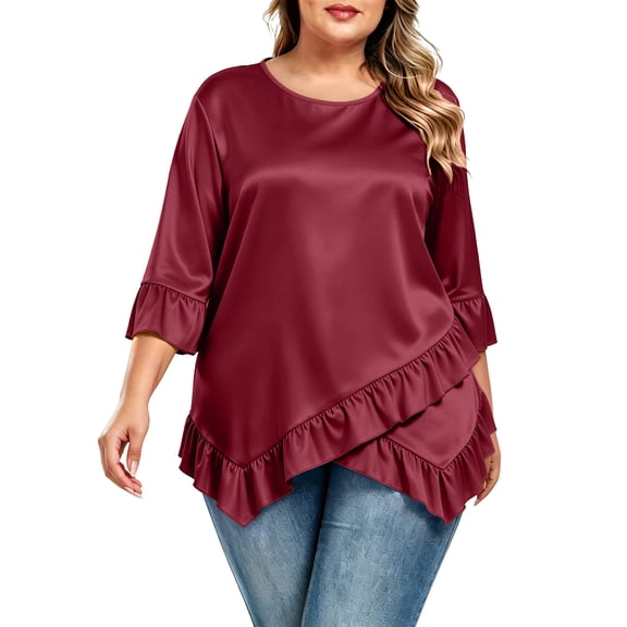 SuTry Plus Size Womens Crew Neck Tunic Blouse Three Quarter Ruffle Cuff Asymmetric Double Ruffle Hem Loose Flowy Casual Daily Wear Top