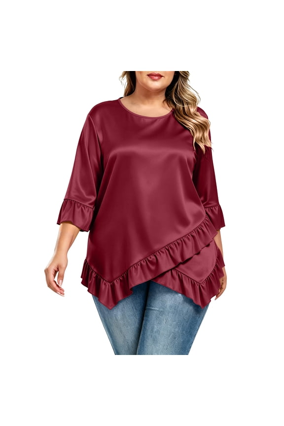 Plus Size Womens Crew Neck Tunic Blouse Three Quarter Ruffle Cuff Asymmetric Double Ruffle Hem Loose Flowy Casual Daily Wear Top