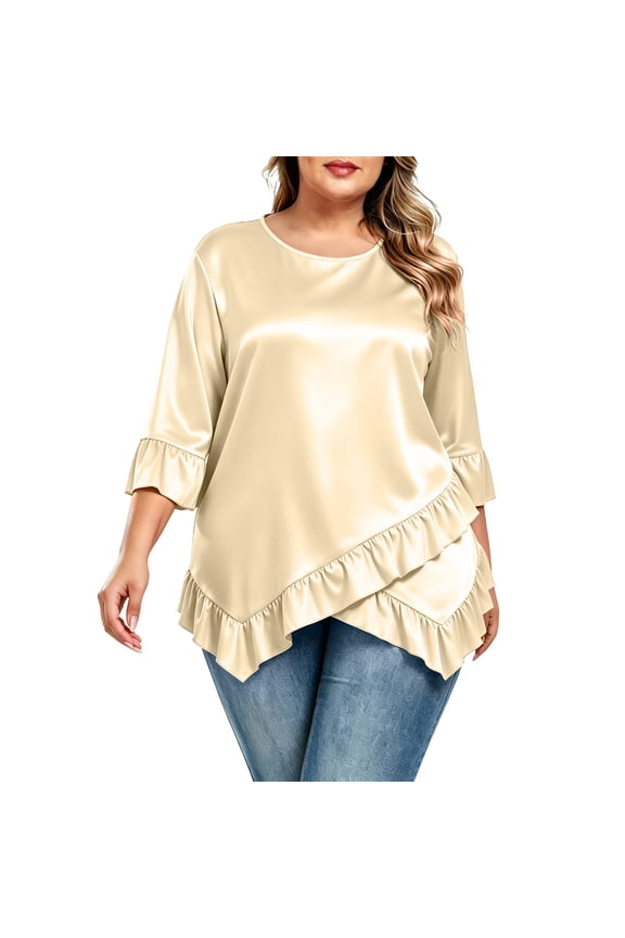 Plus Size Womens Crew Neck Tunic Blouse Three Quarter Ruffle Cuff Asymmetric Double Ruffle Hem Loose Flowy Casual Daily Wear Top