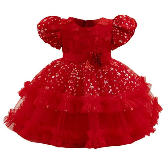 SuTry Small Medium Dress for Girls' Fashionable Splicing Solid Color Back Zipper Princess Pleated Skirt for Celebrations Parties(Red#5,12 Months)