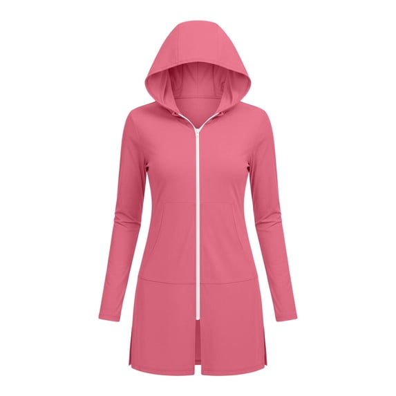 SuTry Sun Protection Jacket for Women UV Cover Up Full Zip Hooded with Side Pockets Split Hem Lightweight Breathable Beach Pool Vacation Jacket