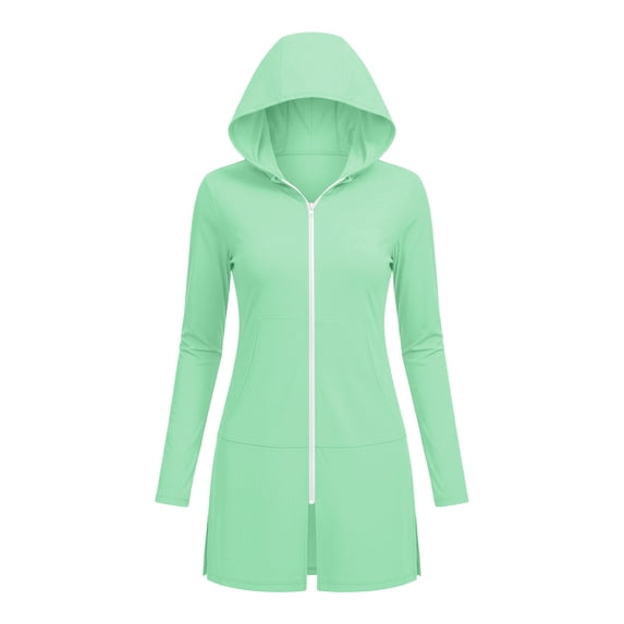 SuTry Sun Protection Jacket for Women UV Cover Up Full Zip Hooded with Side Pockets Split Hem Lightweight Breathable Beach Pool Vacation Jacket