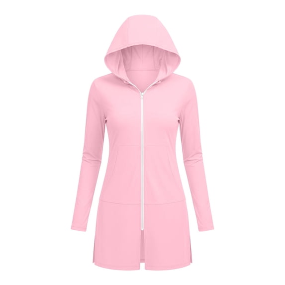 SuTry Sun Protection Jacket for Women UV Cover Up Full Zip Hooded with Side Pockets Split Hem Lightweight Breathable Beach Pool Vacation Jacket