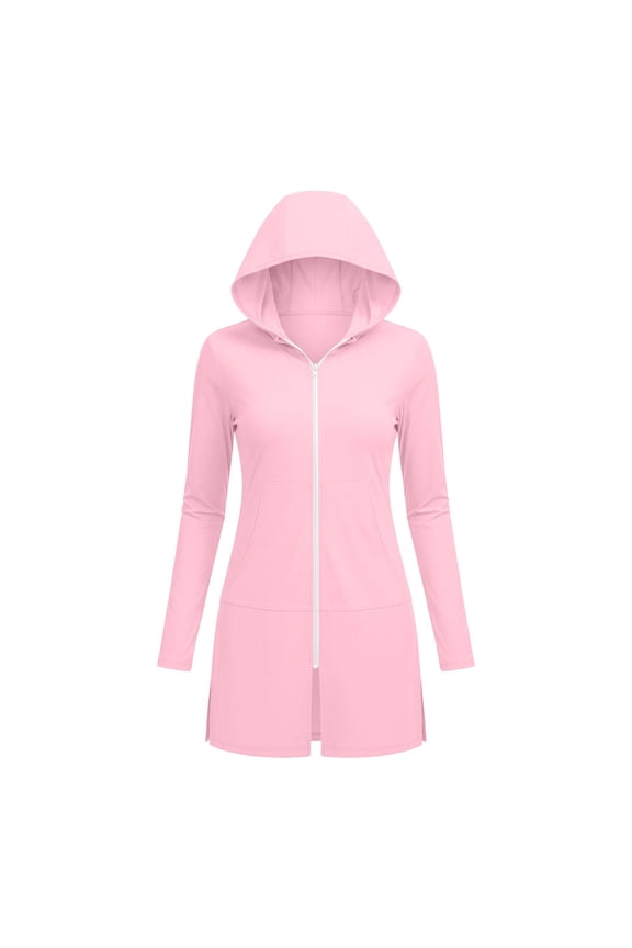 Sun Protection Jacket for Women UV Cover Up Full Zip Hooded with Side Pockets Split Hem Lightweight Breathable Beach Pool Vacation Jacket