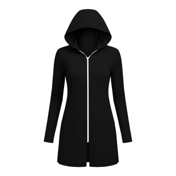 SuTry Sun Protection Jacket for Women UV Cover Up Full Zip Hooded with Side Pockets Split Hem Lightweight Breathable Beach Pool Vacation Jacket