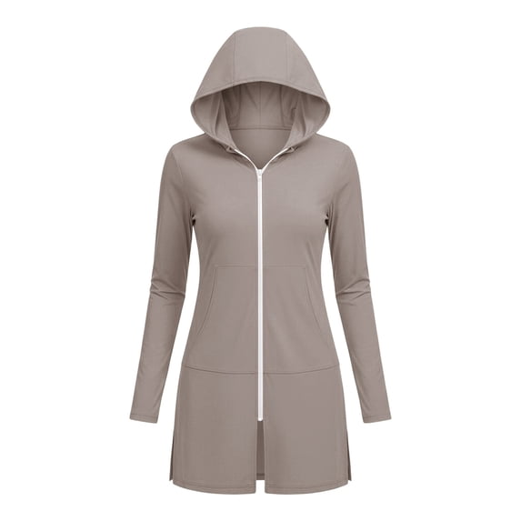 SuTry Sun Protection Jacket for Women UV Cover Up Full Zip Hooded with Side Pockets Split Hem Lightweight Breathable Beach Pool Vacation Jacket