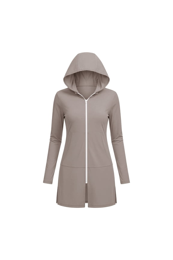Sun Protection Jacket for Women UV Cover Up Full Zip Hooded with Side Pockets Split Hem Lightweight Breathable Beach Pool Vacation Jacket