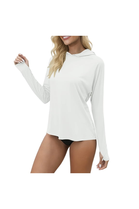 UPF 50+ Rash Guard for Women Hooded Swim Top with Thumb Holes UV Protection Lightweight Swim Surf Beach Outdoor Rash Guard