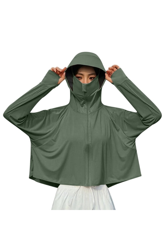 UPF 50+ Sun Jacket for Women Cropped Face Cover Hooded with Thumb Holes Ice Silk Fabric Lightweight Beach Driving Outdoor Jacket