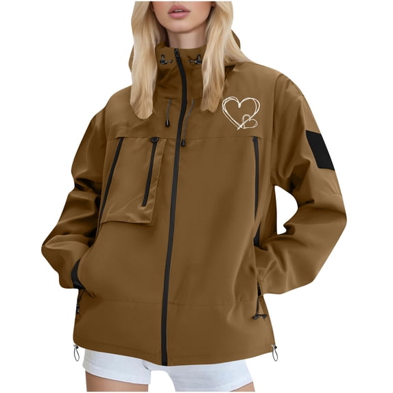 SuTry Valentine's Day Womens Jacket Print Lightweight Hooded Winter Outdoor Waterproof Tops Fashion Casual Outerwear Jackets for Women(Brown,XL)
