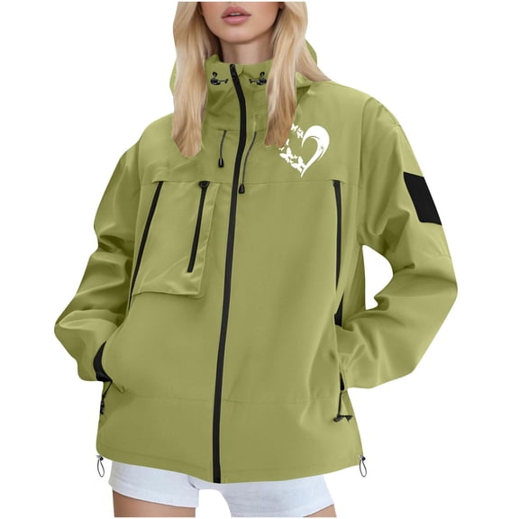 SuTry Valentine's Day Womens Jacket Print Lightweight Hooded Winter Outdoor Waterproof Tops Fashion Casual Outerwear Jackets for Women(Green,2XL)