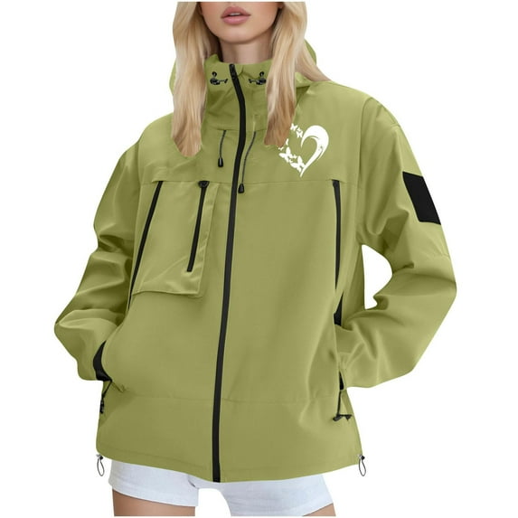 SuTry Valentine's Day Womens Jacket Print Lightweight Hooded Winter Outdoor Waterproof Tops Fashion Casual Outerwear Jackets for Women(Green,S)