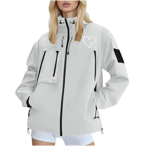 SuTry Valentine's Day Womens Jacket Print Lightweight Hooded Winter Outdoor Waterproof Tops Fashion Casual Outerwear Jackets for Women(White,L)