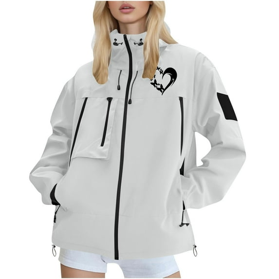SuTry Valentine's Day Womens Jacket Print Lightweight Hooded Winter Outdoor Waterproof Tops Fashion Casual Outerwear Jackets for Women(White,S)