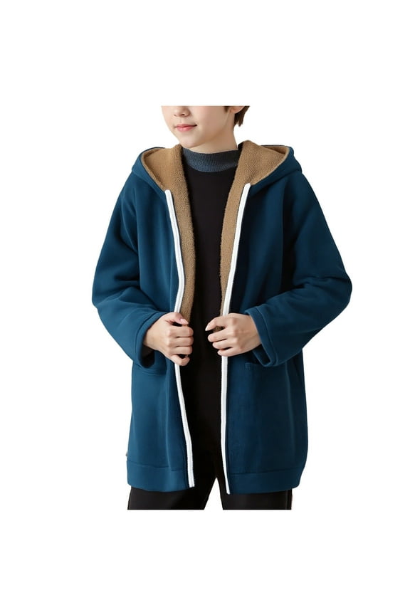Winter Mid Large Children's Hooded Composite Velvet Zipper Color Blocked Long Sleeved Jacket Composite Velvet for Warmth(Blue,160)