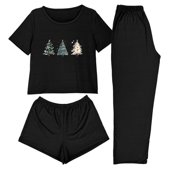 SuTry Women 3 Piece Christmas Pajamas Shorts Sleepwear Crew Neck Shirt Shorts and Long Pants Christmas Print Top and Loose Pants Set(Black#1,2XL)