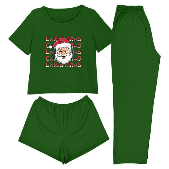 SuTry Women 3 Piece Christmas Pajamas Shorts Sleepwear Crew Neck Shirt Shorts and Long Pants Christmas Print Top and Loose Pants Set(Green,XS)
