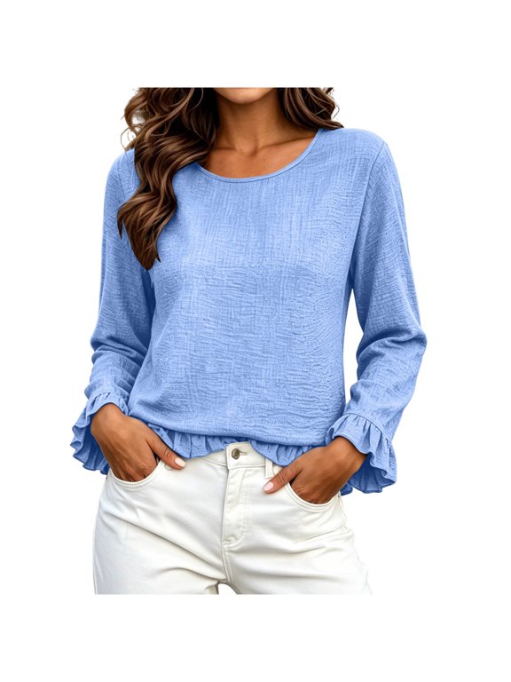 Women Long Sleeve Top Round Neck Ruffle Cuff Drop Shoulder Relaxed Fit Casual Everyday Pullover Blouse Shirt