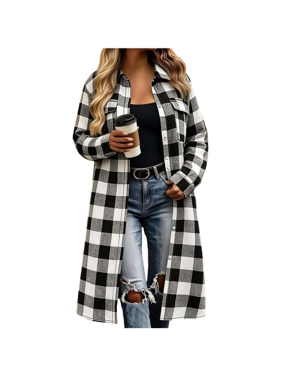 Women Longline Shirt Jacket Drop Shoulder Button Down Front Flap Pockets Relaxed Loose Fit Casual Everyday Layering Long Coat Outerwear