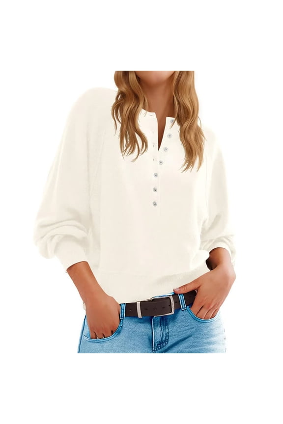 Women Sweaters Fashion Round Neck Half Button Long Sleeved Solid Color Tops Pullover Sweater for Women Winter Tops(White,S)