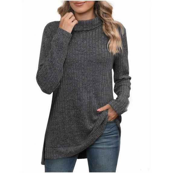 SuTry Women Sweaters Solid Color High Neck Knit Sweater Fall Winter Longline Side Slit Long Sleeve Elegant Tops Sweaters for Women(Gray,XL)
