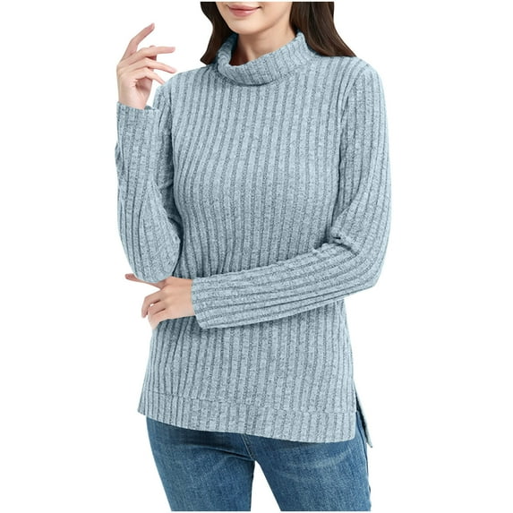 SuTry Women Sweaters Solid Color High Neck Knit Sweater Fall Winter Longline Side Slit Long Sleeve Elegant Tops Sweaters for Women(Light Blue,S)