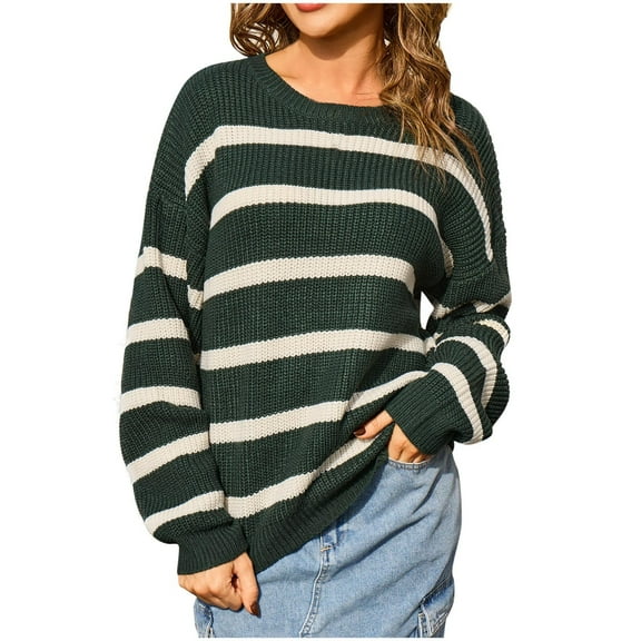 SuTry Women Sweaters Striped Knit Sweater Fall Winter Fashion Round Neck Long Sleeve Casual Pullover Top Fall Sweaters for Women(Army Green,S)
