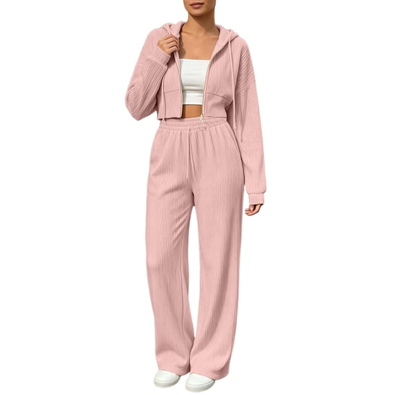 SuTry Women Two Piece Tracksuit Set Zip Up Hoodie and Wide Leg Pants Ribbed Knit Drawstring Waist Relaxed Fit Casual Loungewear